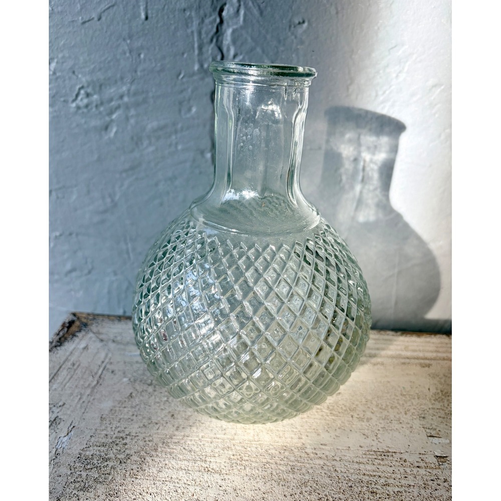Vintage Clear Glass Diamond Quilted Bulbous Bud Vase Round 7.25 Inch